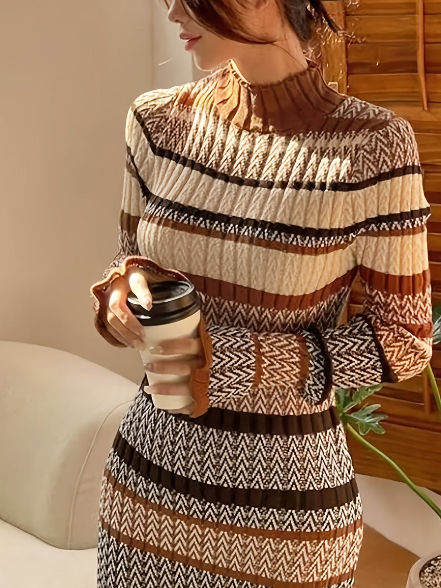 Damen Strickkleid Lang Ärmel Rollkragen Mehrfarbig Gemustert
