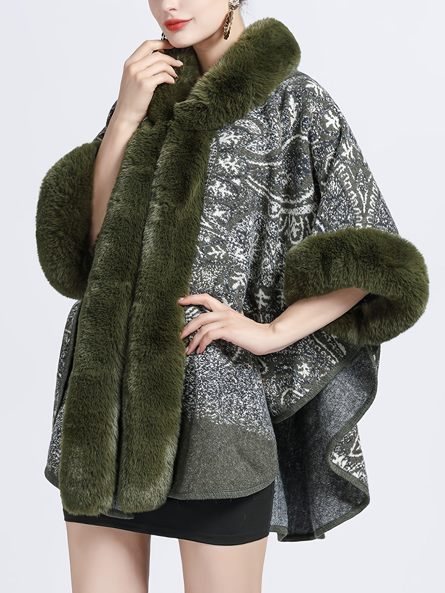 Damen Cape mit Kapuze, Pelzbesatz und Muster – Gemütlicher Umhang