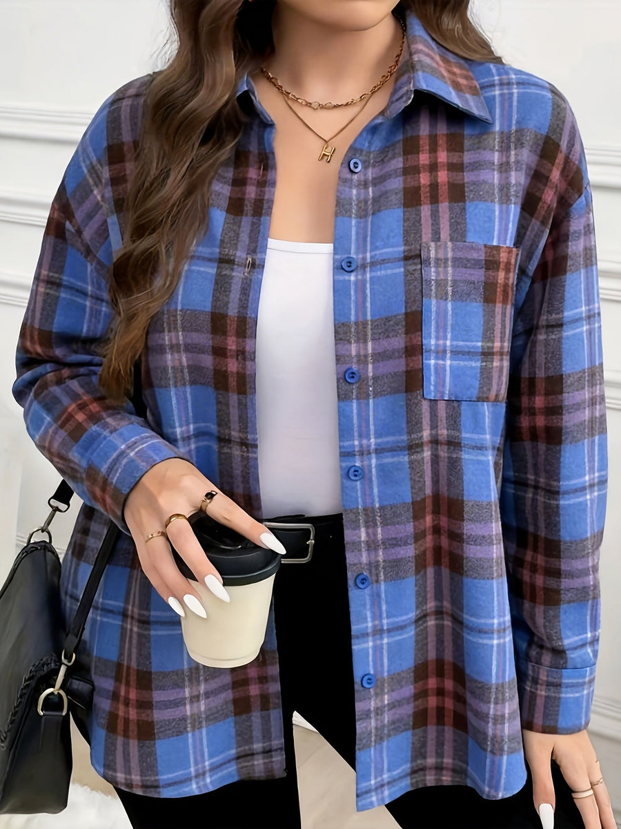 Damen Kariertes Hemd Langarm Button-Down Bluse mit Brusttasche