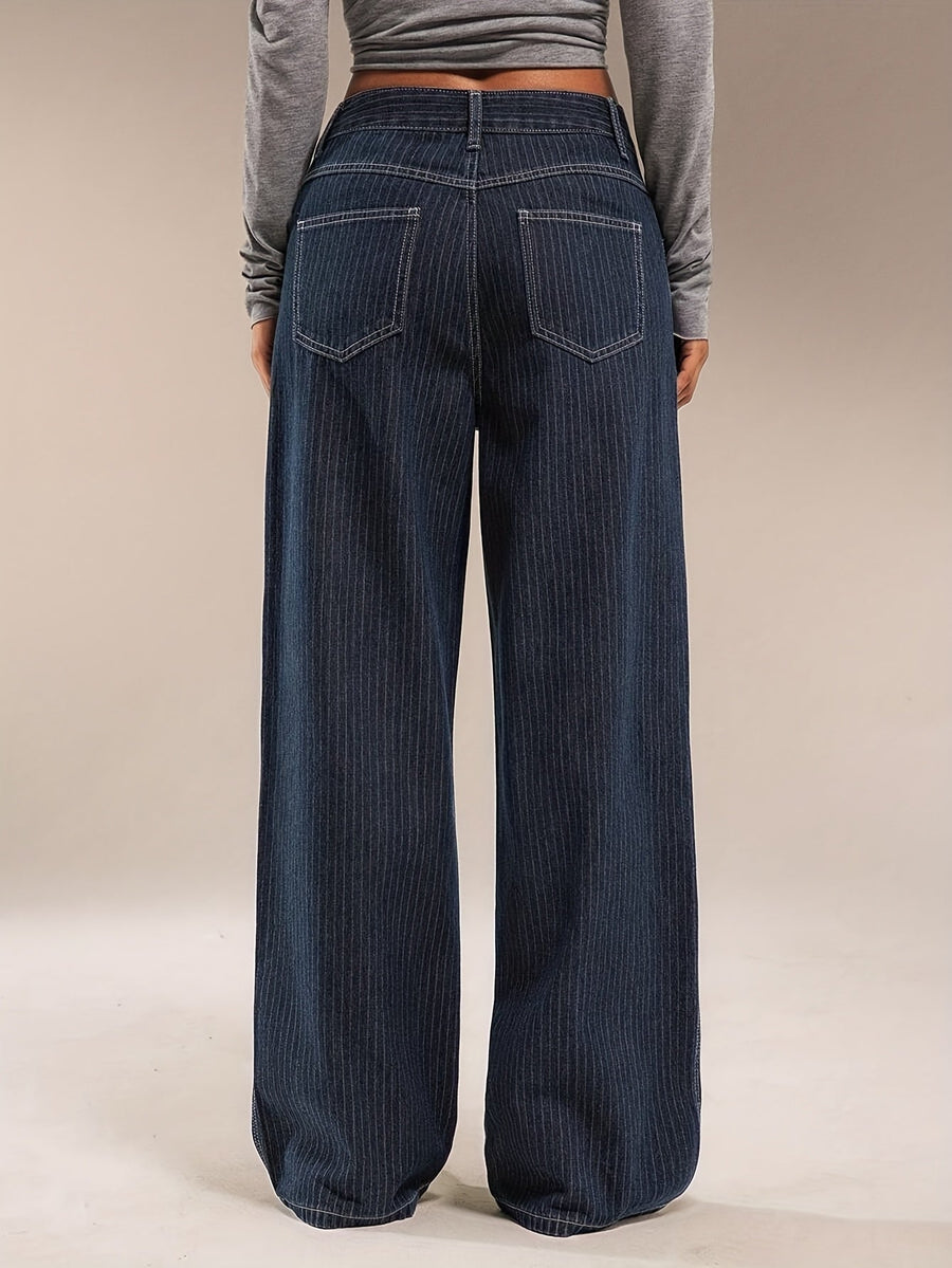 Damen Baggy Jeans dunkelblau mit Nadelstreifen weites Bein