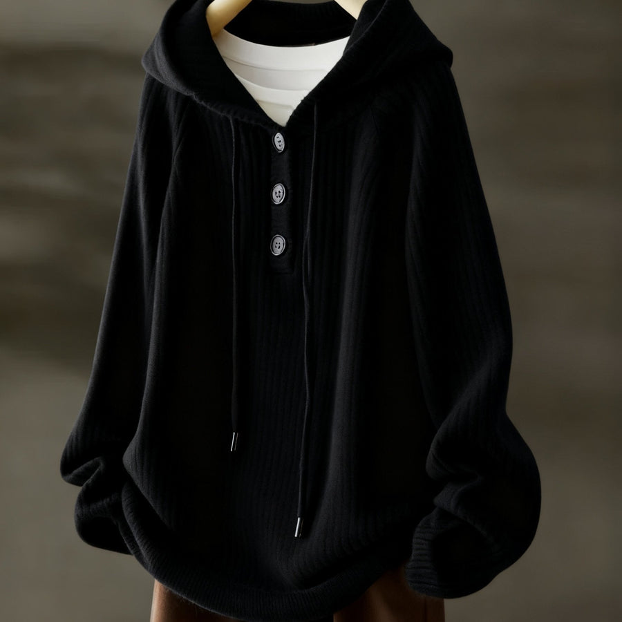 Gerippter Kapuzenpullover mit Knopfleiste