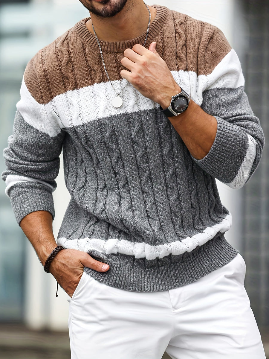 Herren Strickpullover Rundhals Zopfmuster Mehrfarbig Gestreift