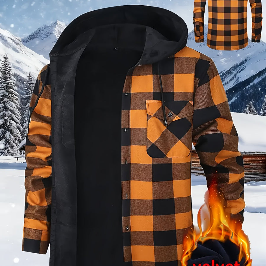 Herren Kariertes Flanell Hemd Jacke mit Kapuze und warmer Fütterung