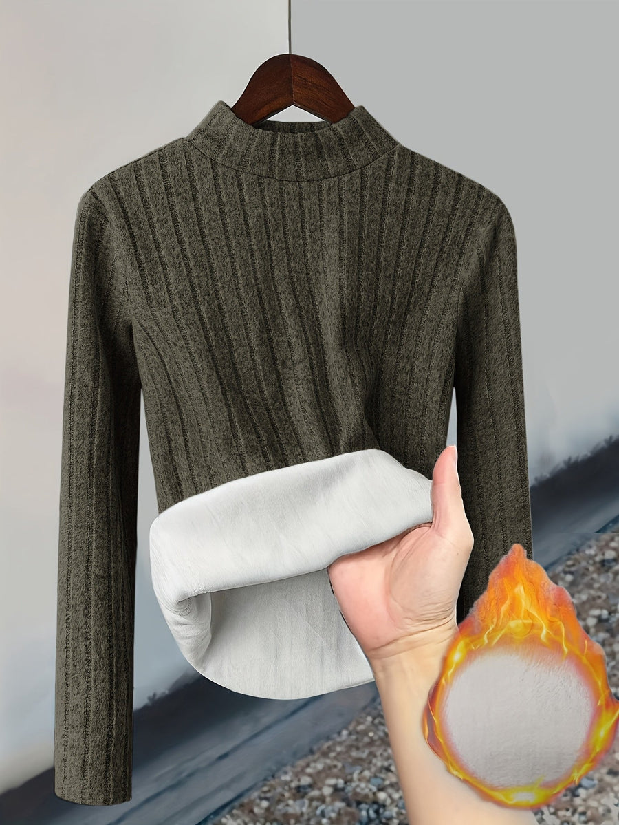 Gerippter Damen Pullover mit hohem Kragen und warmem Fleecefutter, Langarm, Slim Fit