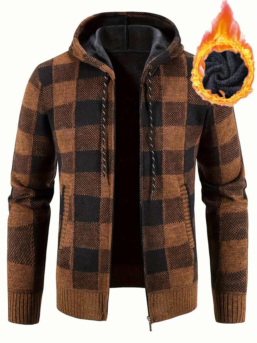 Herren Kapuzenstrickjacke kariert gefüttert mit Reißverschluss und Kordelzug