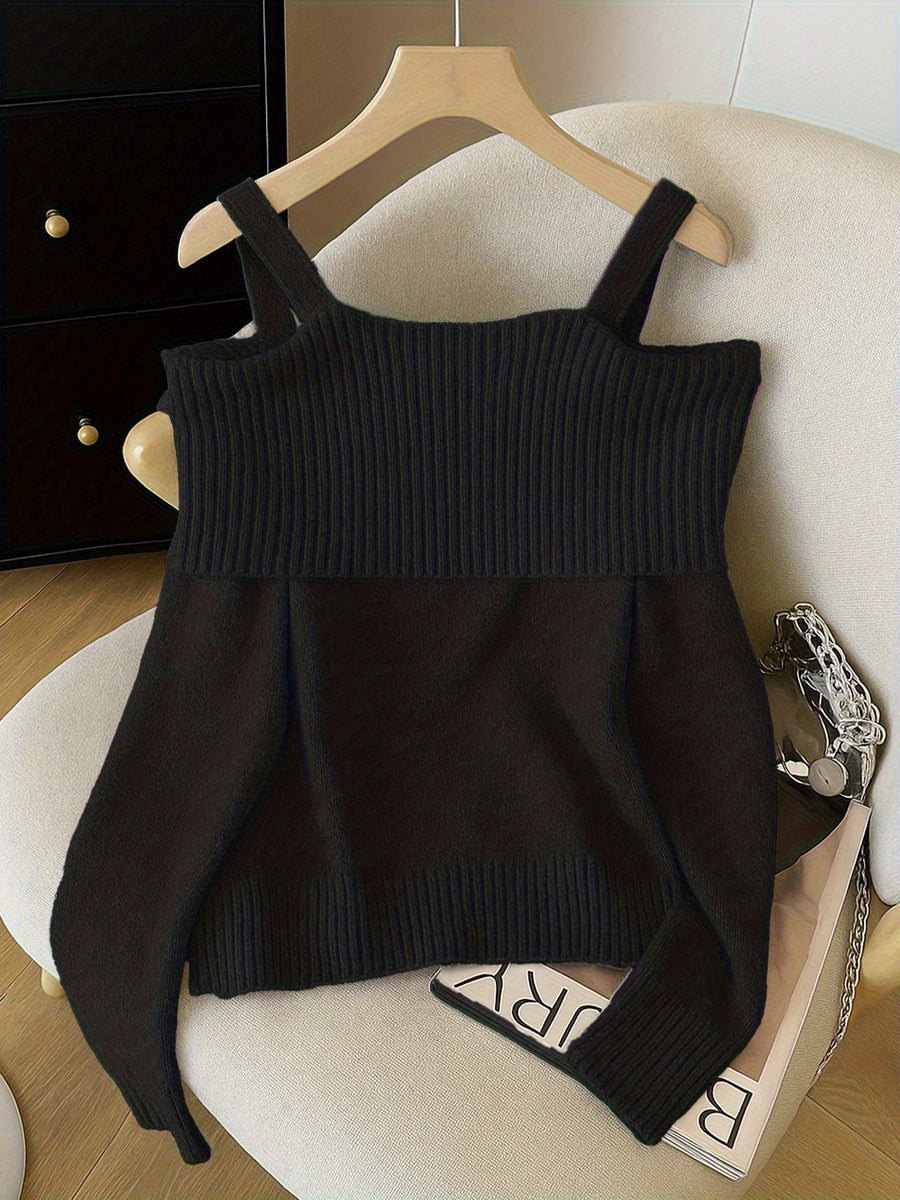 Damen Strickpullover Carmen-Ausschnitt Schleife Herzknöpfe