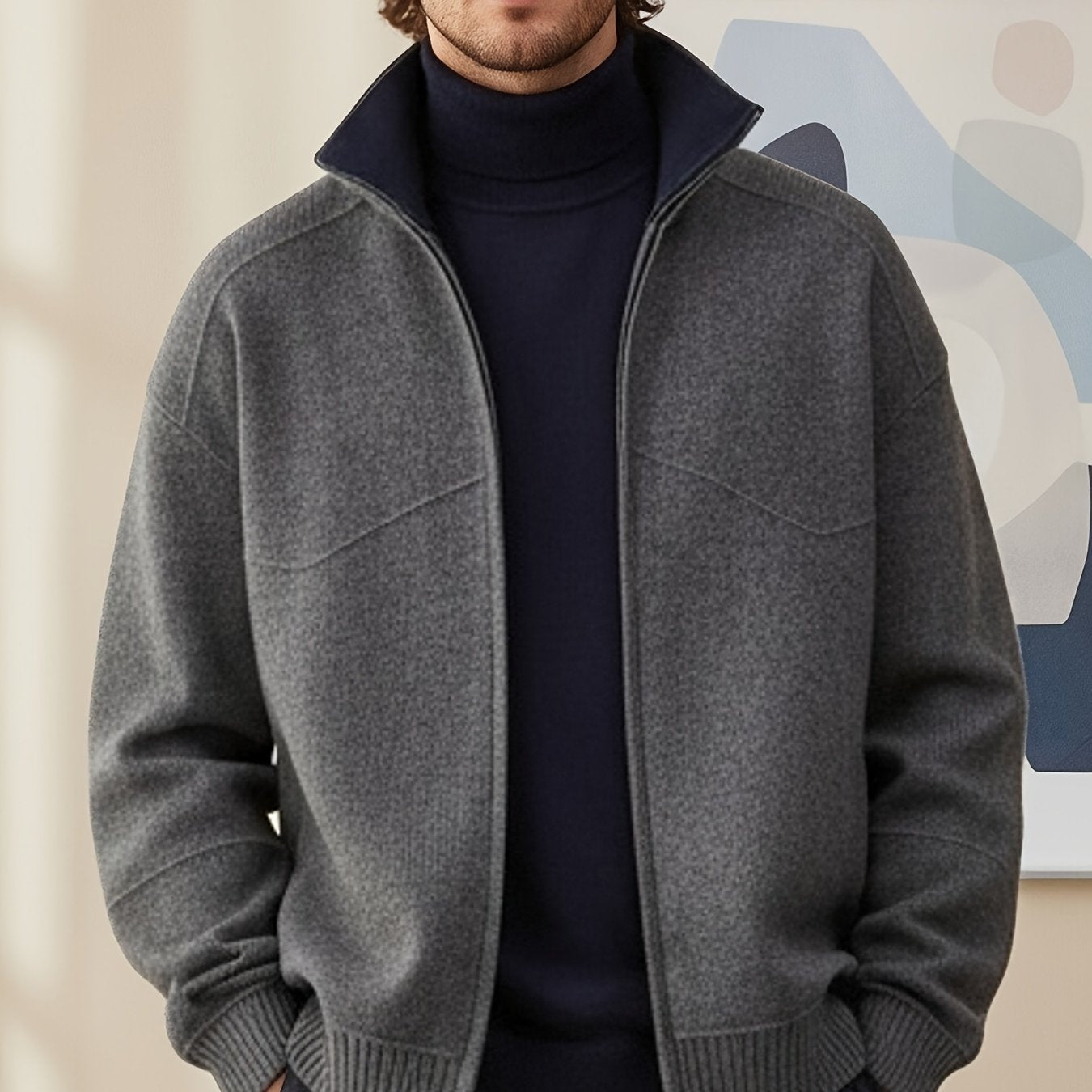 Herren Strickjacke Reißverschluss Stehkragen Dunkelgrau