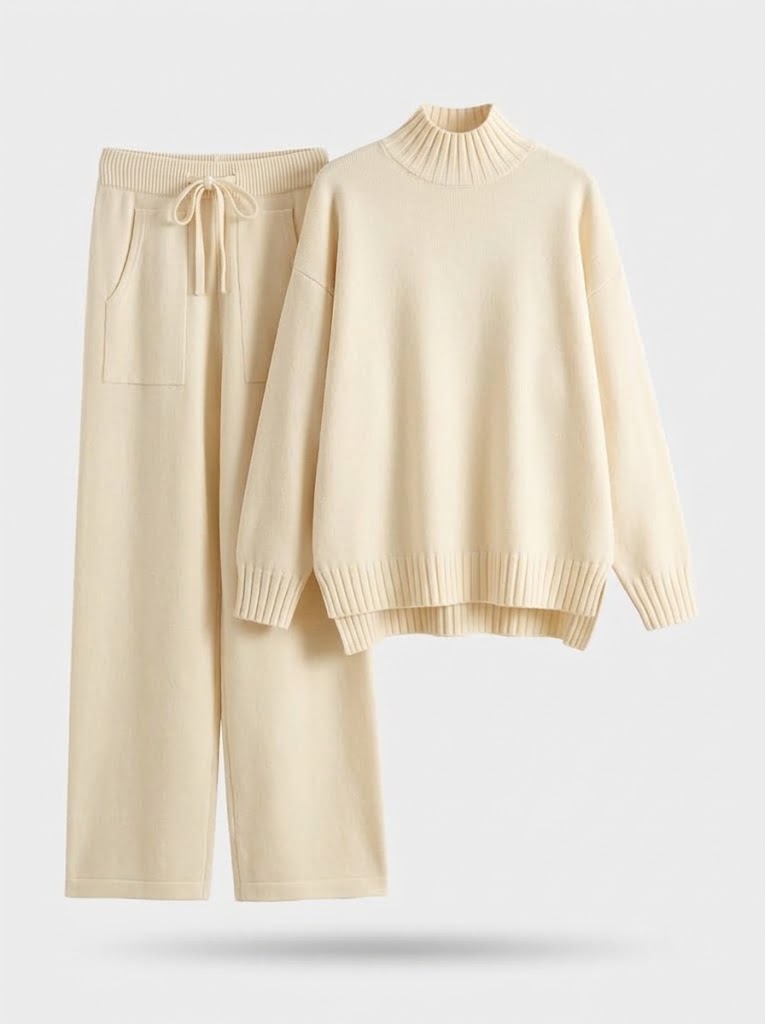 Damen Loungewear-Set aus Strick mit Rollkragenpullover & weiter Hose in Blau