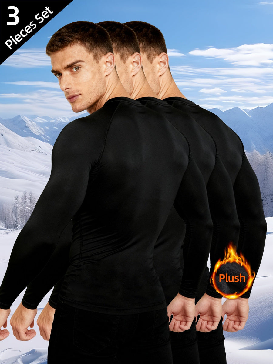 Herren Thermoshirt Langarm Schwarz Rundhals 3er-Set