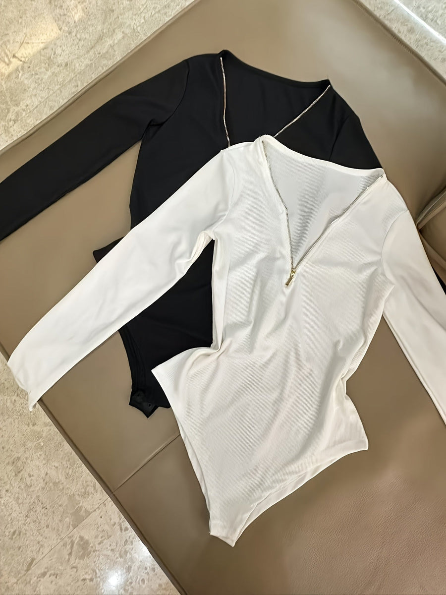 Damen Langarm Body Rippstrick mit Reißverschluss