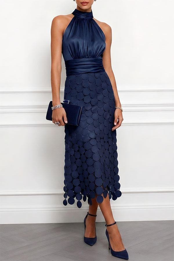 Damen Halter Neck Cocktailkleid mit Rüschen und Kreismuster