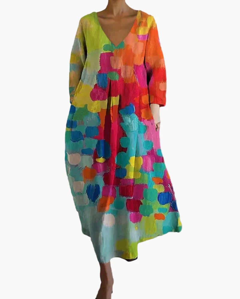 Damen Boho Maxikleid mit V-Ausschnitt – Künstlerischer Freizeit-Look für Alltag & Events