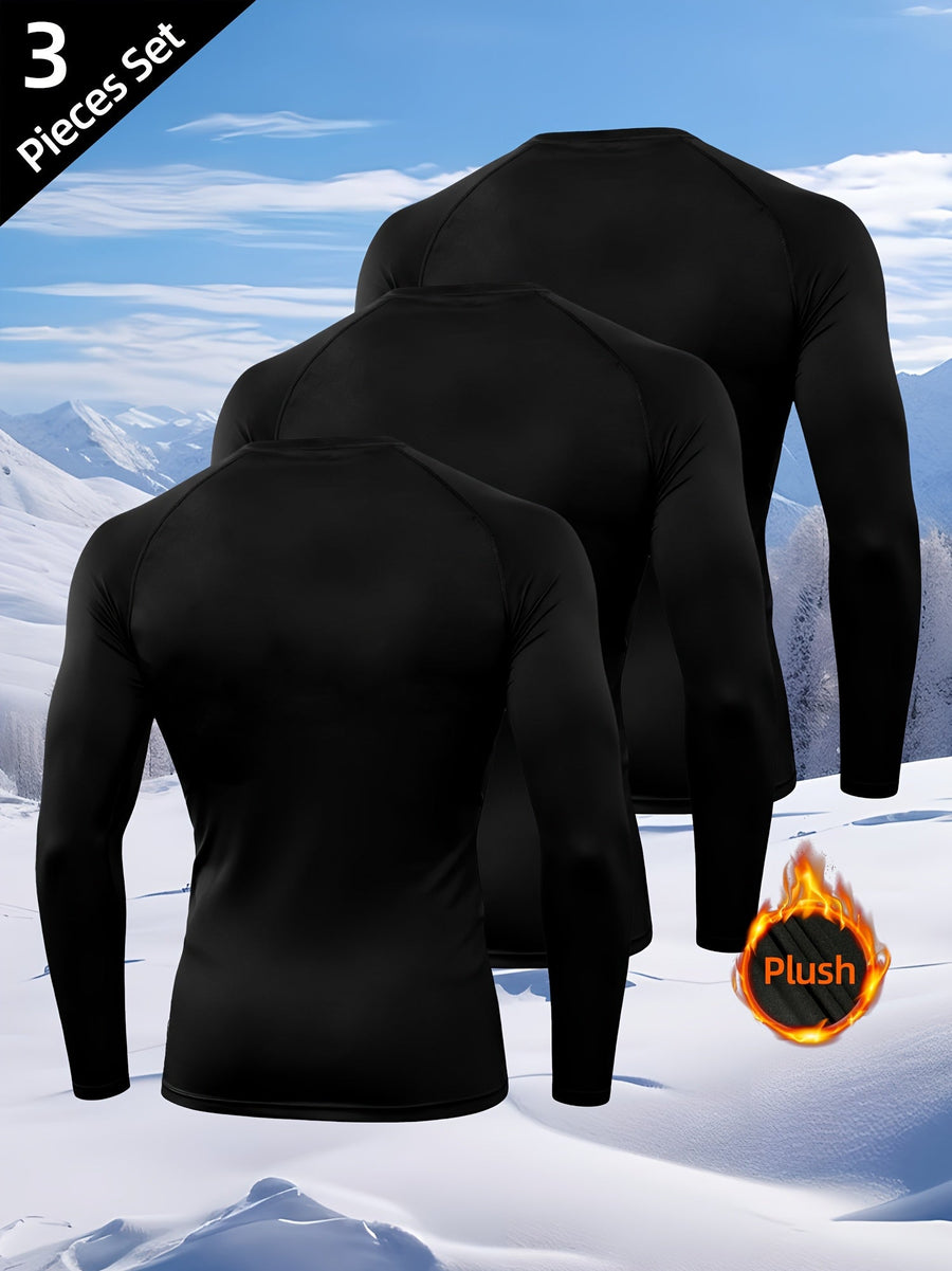 Herren Thermoshirt Langarm Schwarz Rundhals 3er-Set