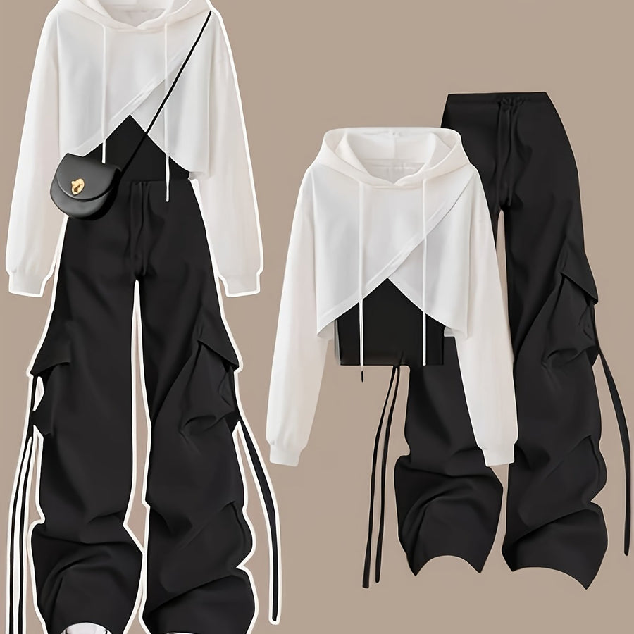 Damen zweiteiliges Set, Crop Hoodie und Cargohose, Schwarz-Weiß, locker geschnitten