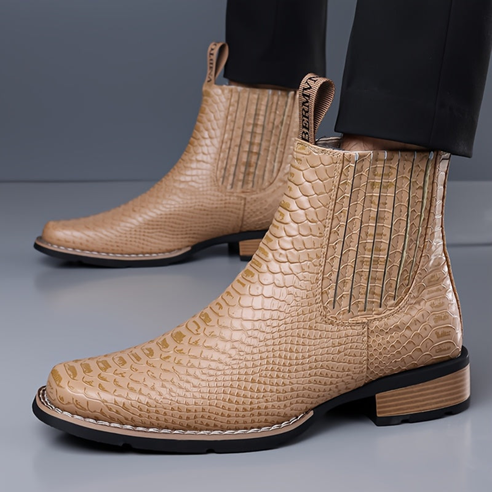 Herren Chelsea Boots mit Kroko-Muster, quadratischer Zehenkappe, Schwarz