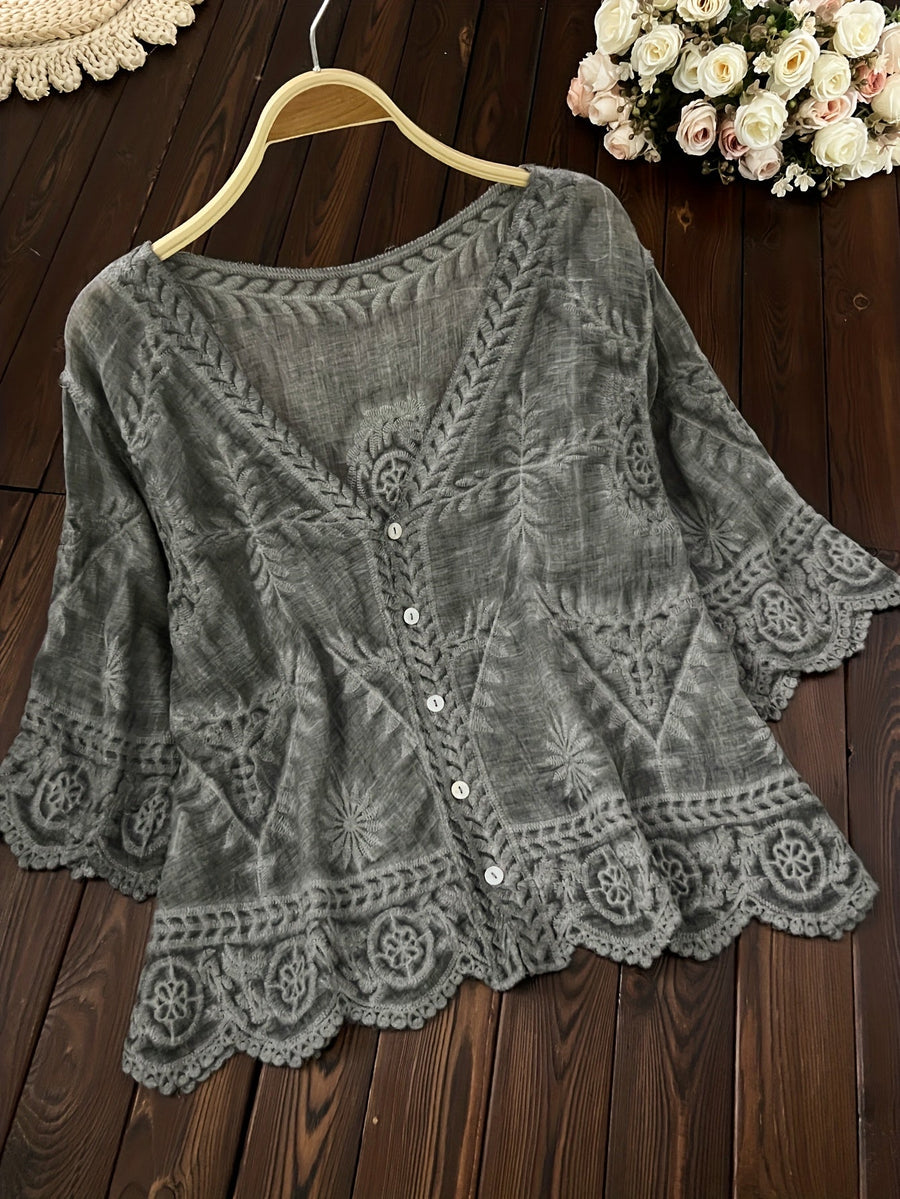 Damen Bluse Stickerei Knopfleiste V-Ausschnitt Tunika Oberteil Langarm Blusen