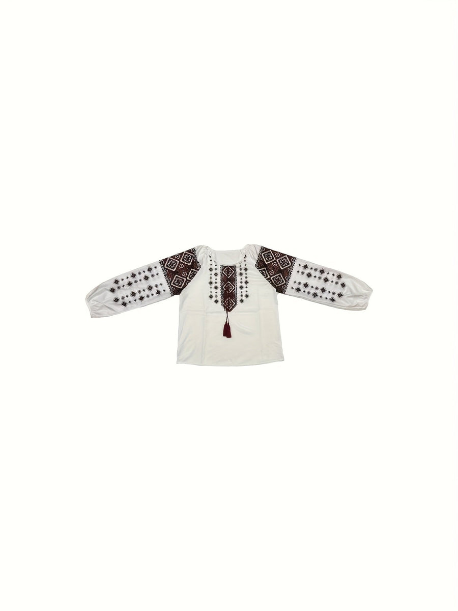Damen Bluse mit runden Ausschnitt und rot-brauner Stickerei