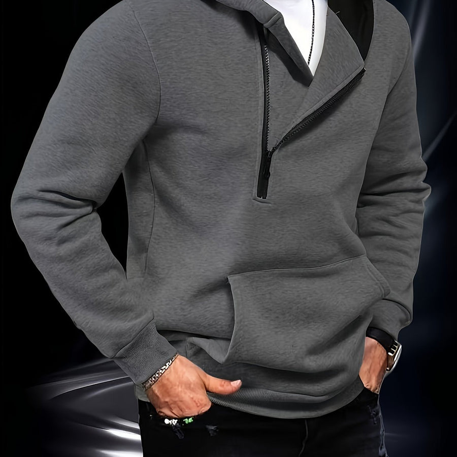 Herren Hoodie mit diagonalem Reißverschluss und Kängurutasche Weiß