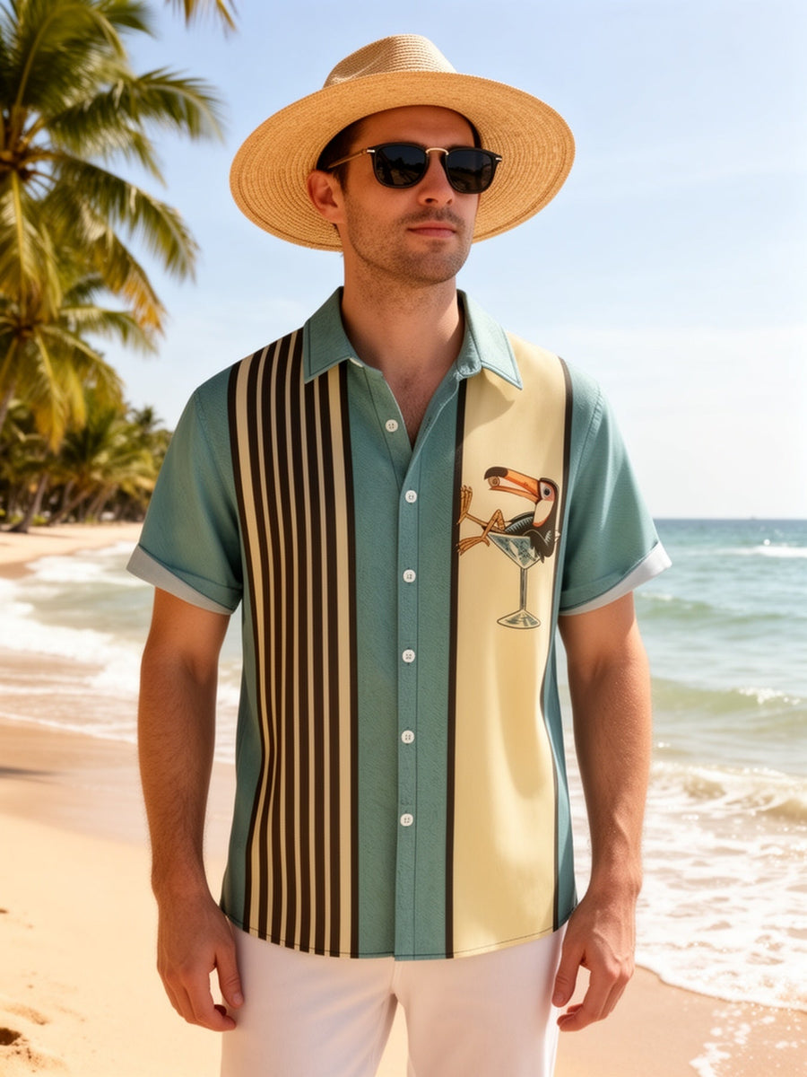 Herren Retro Strandhemd mit Tropical-Design und Cocktail-Vogel Print – Perfekt für den Sommerurlaub