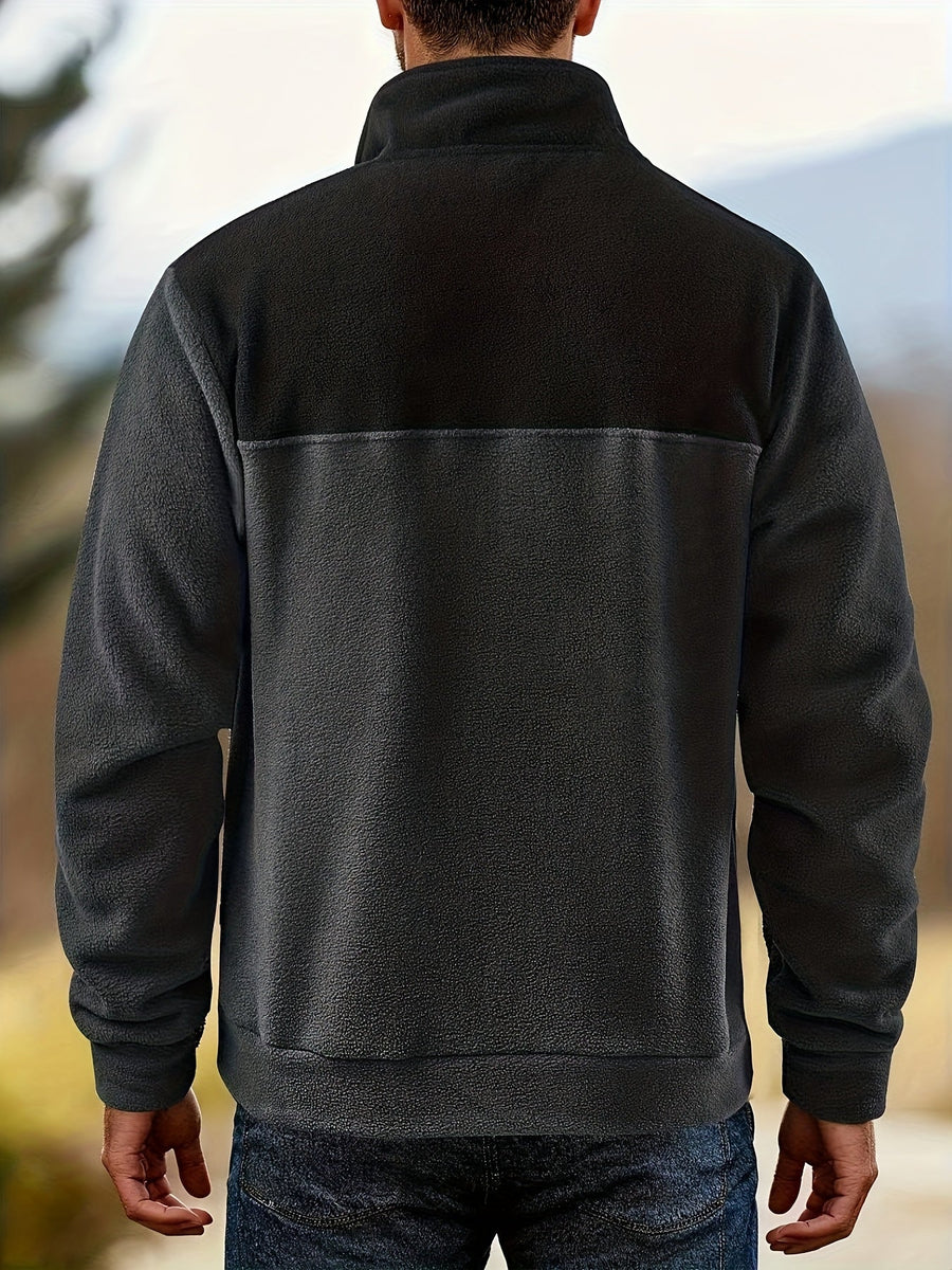 Herren Fleece Pullover mit Stehkragen und Knopfleiste - Zweifarbig