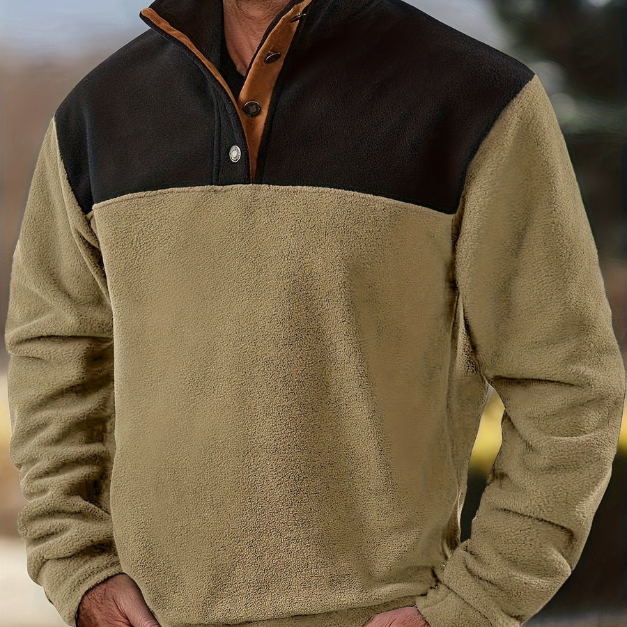 Herren Fleece Pullover mit Stehkragen und Knopfleiste - Zweifarbig