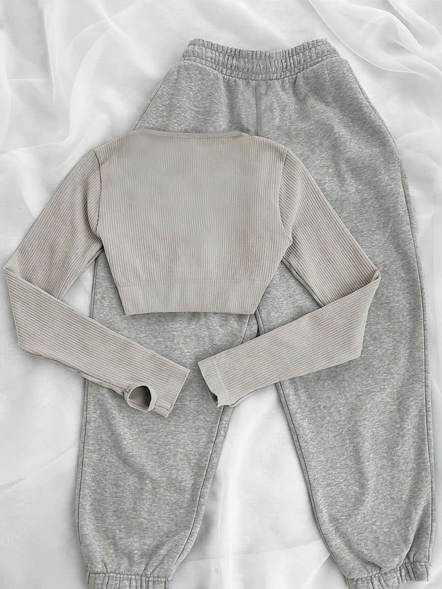 Damen Sport-Freizeit-Set geripptes Crop-Top Langarm + Jogginghose Grau
