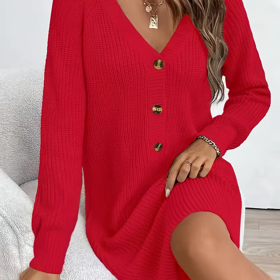 Damen Strickkleid V-Ausschnitt Langarm Strickpullover-Kleid