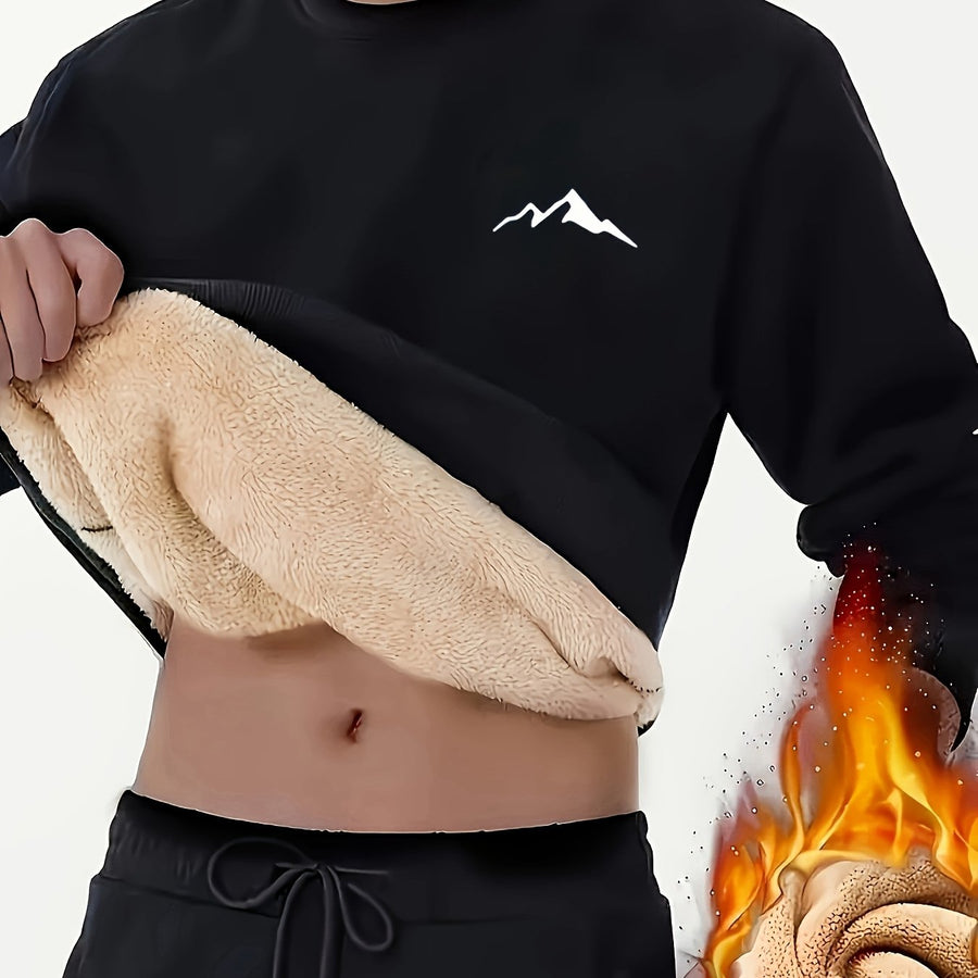 Unisex Winter Sweatshirt warm gefüttert mit Bergmotiv Langarm Rundhals Pullover