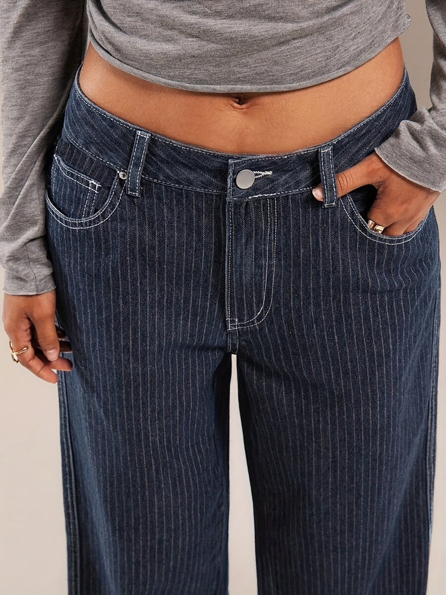 Damen Baggy Jeans dunkelblau mit Nadelstreifen weites Bein