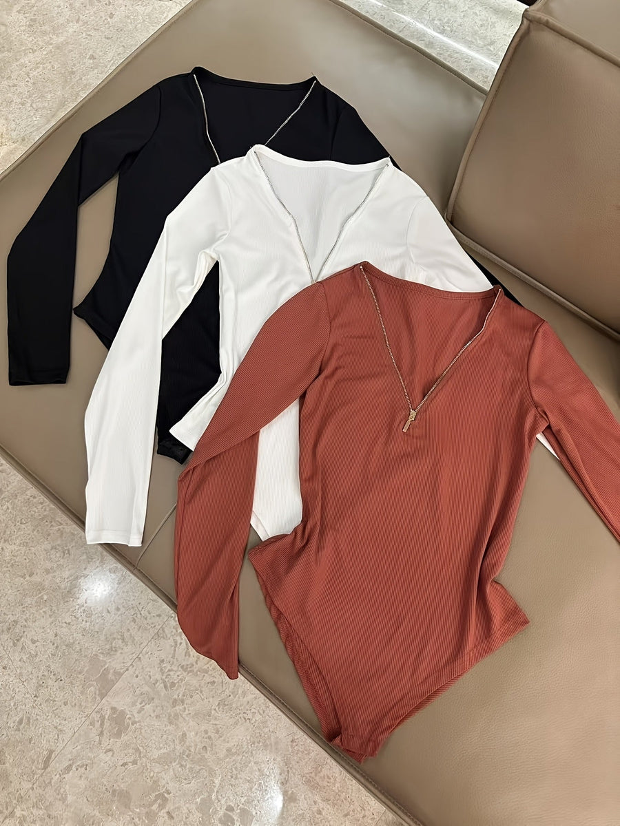 Damen Langarm Body Rippstrick mit Reißverschluss