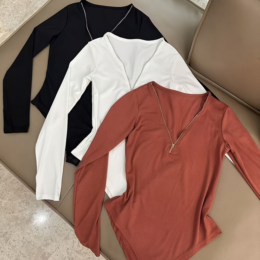 Damen Langarm Body Rippstrick mit Reißverschluss