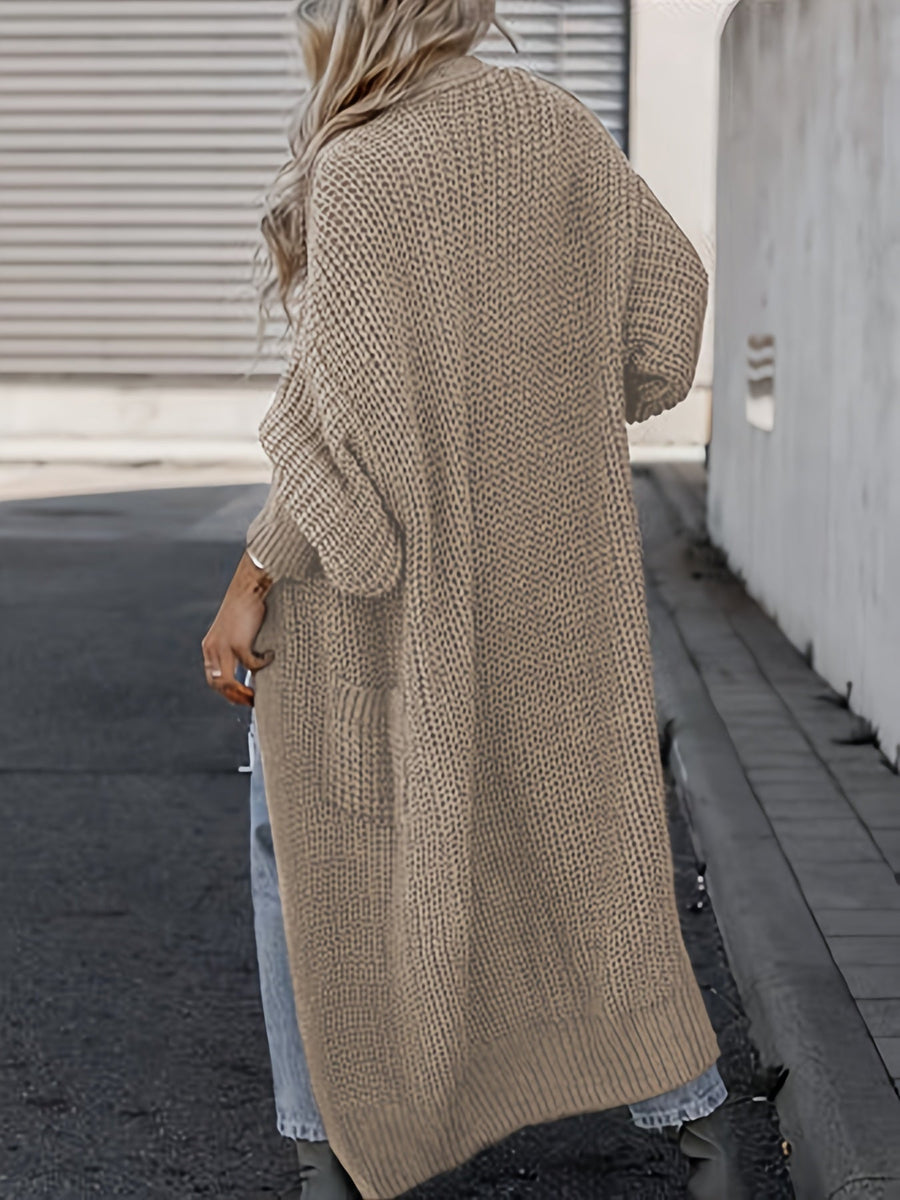Damen Grobstrick Cardigan Lang Offen Strickjacke mit Taschen