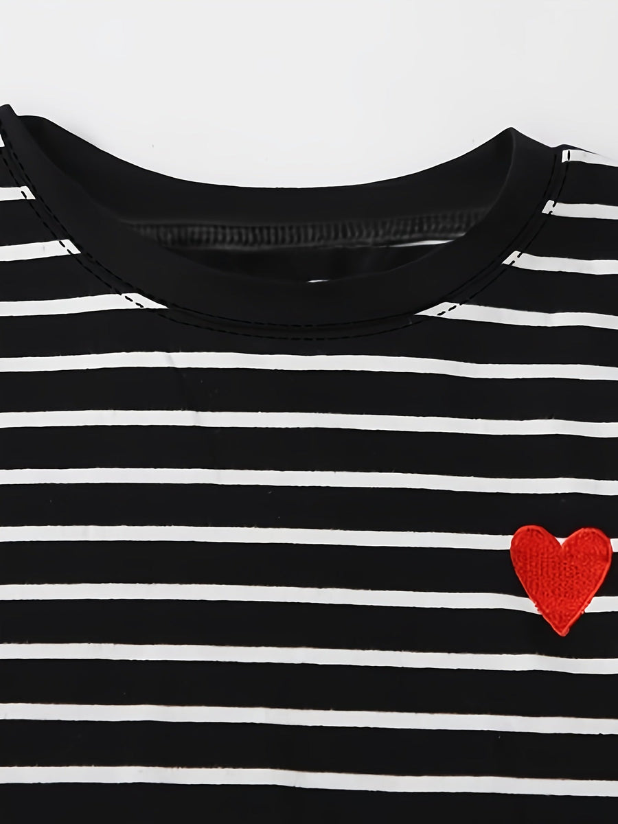 Langarmshirt Damen gestreift mit rotem Herz-Patch Schwarz Weiß