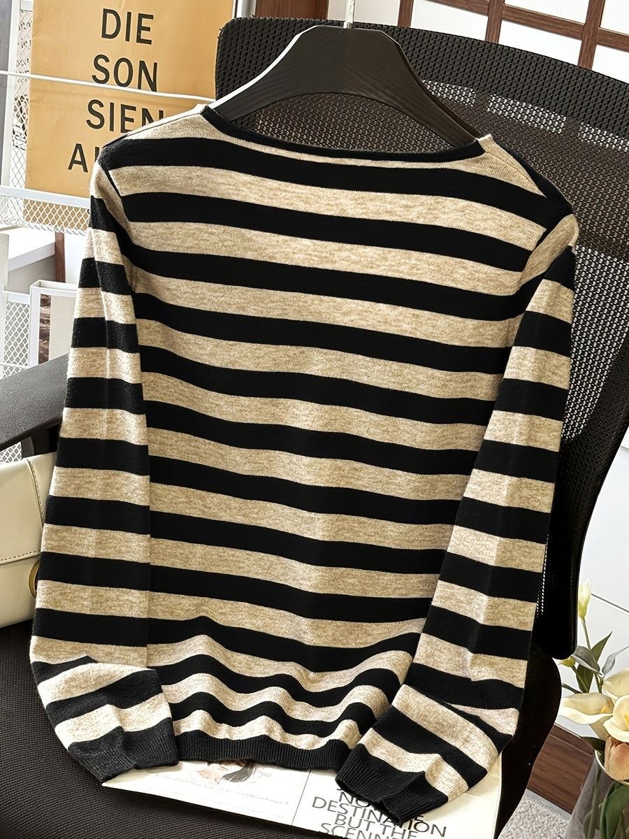 Damen Pullover Gestreift V-Ausschnitt Langarm Strick
