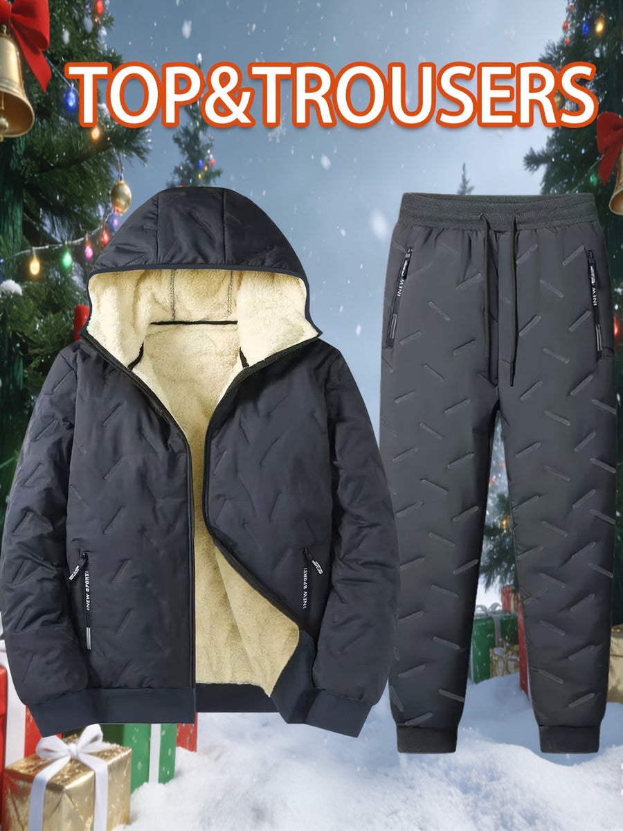 Herren Winter Thermo Anzug Gesteppt Gefütterte Jacke mit Kapuze und Hose