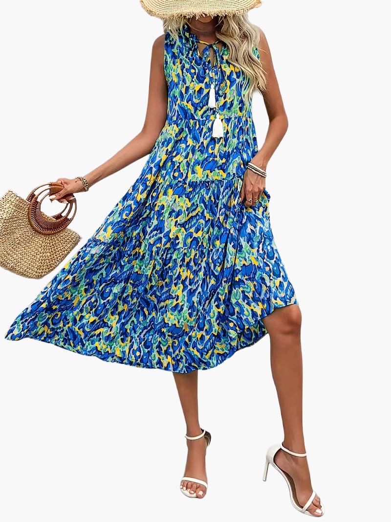 Damen Boho A-Linien Sommerkleid ärmellos – Luftiges Freizeitkleid mit Allover-Print und Quasten