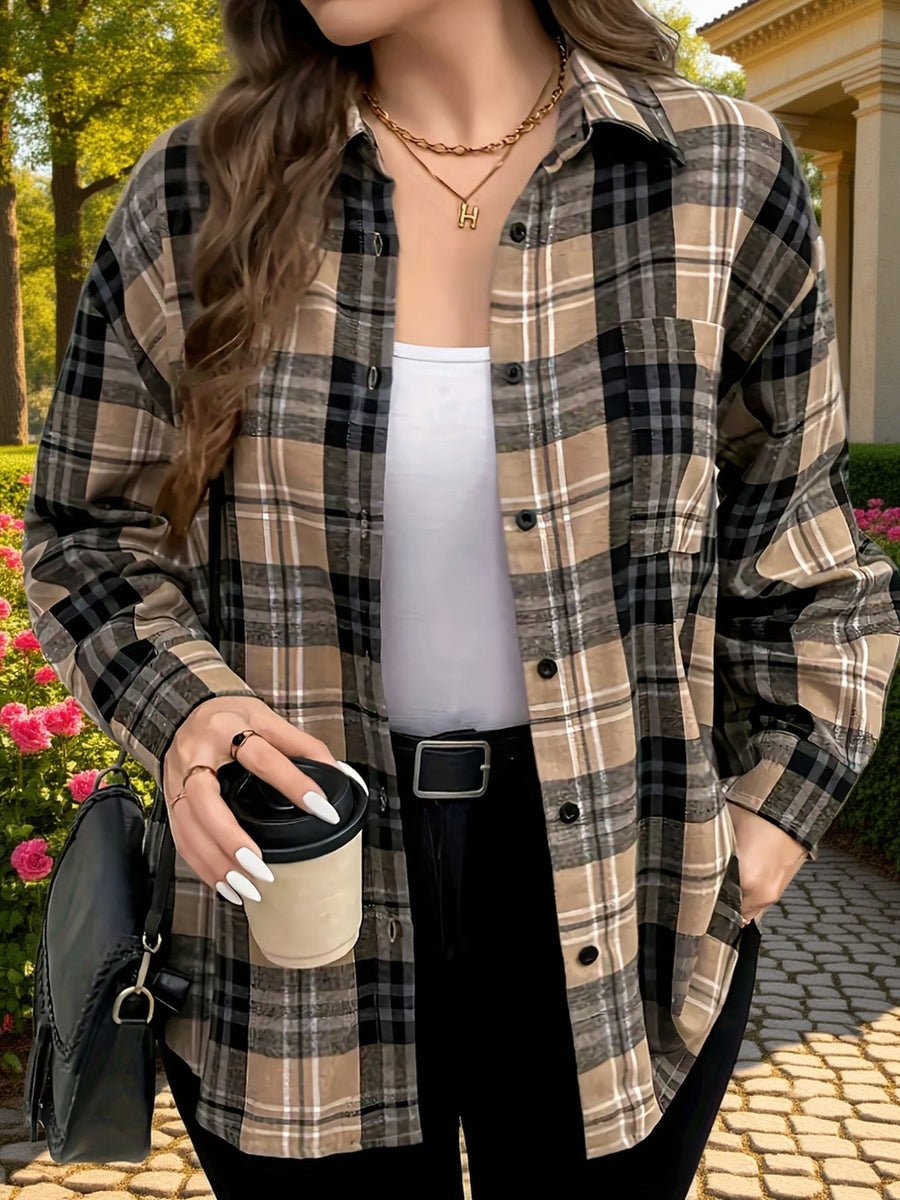 Damen Kariertes Hemd Langarm Button-Down Bluse mit Brusttasche