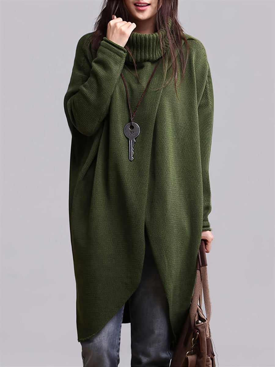 Damen Rollkragen Strickpullover Langarm Asymmetrischer Saum Grün