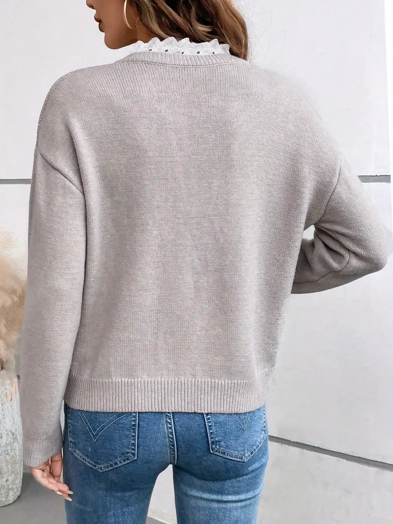 Damen V-Ausschnitt Strickpullover mit Spitzenbesatz in Blau