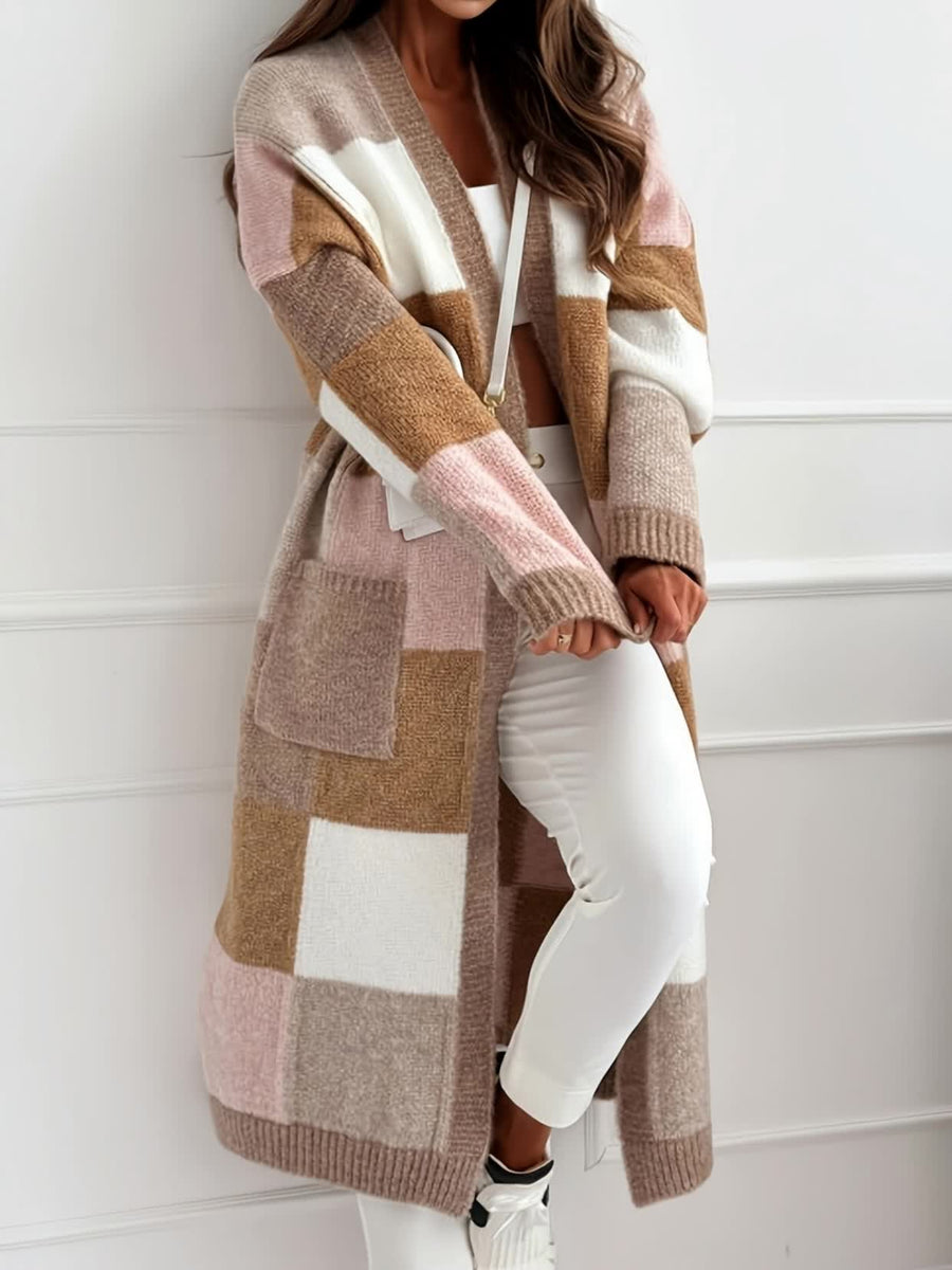 Damen Langer Strick-Cardigan mit Farbblock-Muster Beige Rosa Weiß