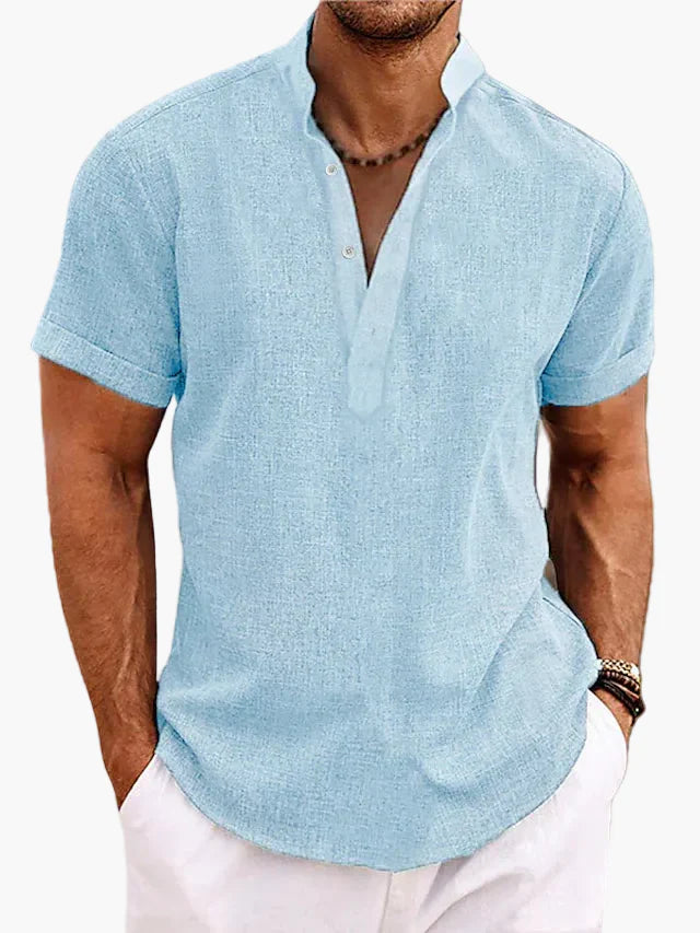Herren Sommer Veganes Leinenhemd Kurzarm Henley für Freizeit und Urlaub