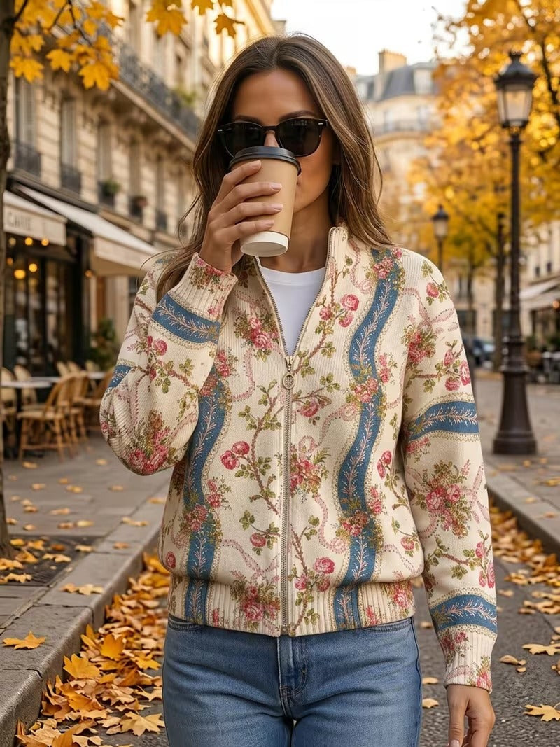Damen Bomberjacke mit Reißverschluss, Blumenmuster & blauem Bandmuster