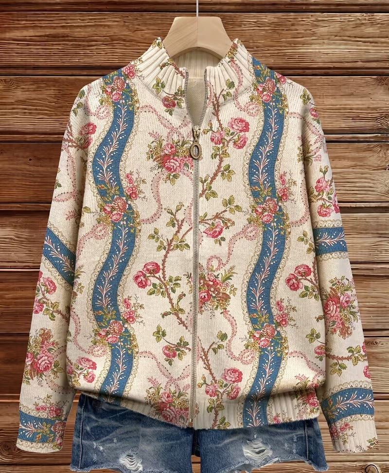 Damen Bomberjacke mit Reißverschluss, Blumenmuster & blauem Bandmuster