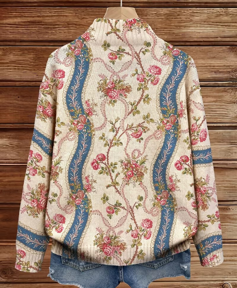 Damen Bomberjacke mit Reißverschluss, Blumenmuster & blauem Bandmuster