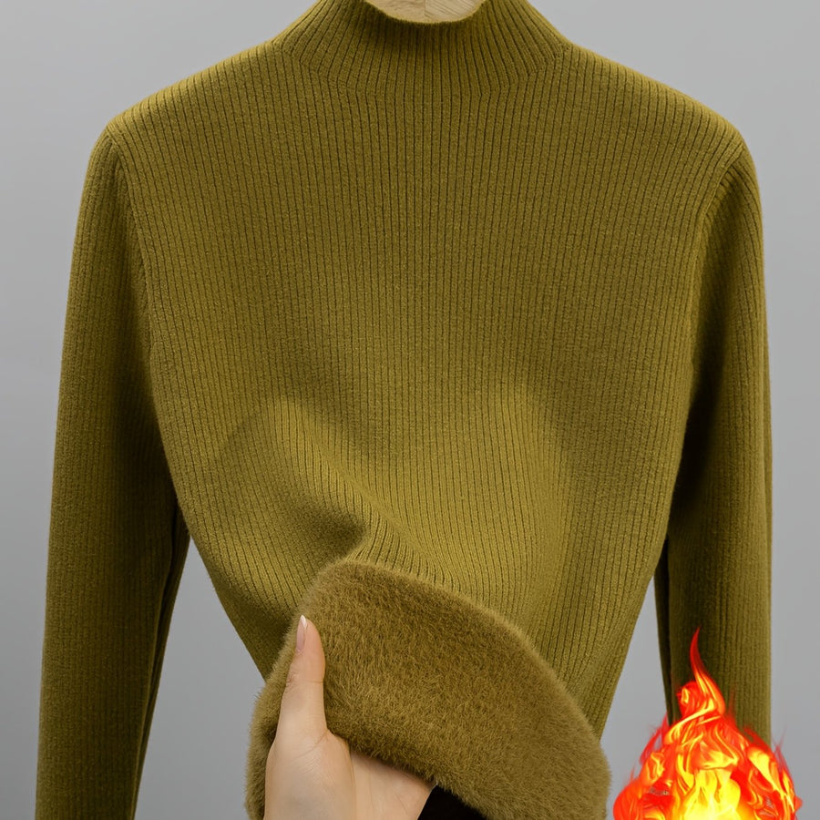 Gerippter Damen Mock-Neck Pullover Langarm Futter Weich Warm