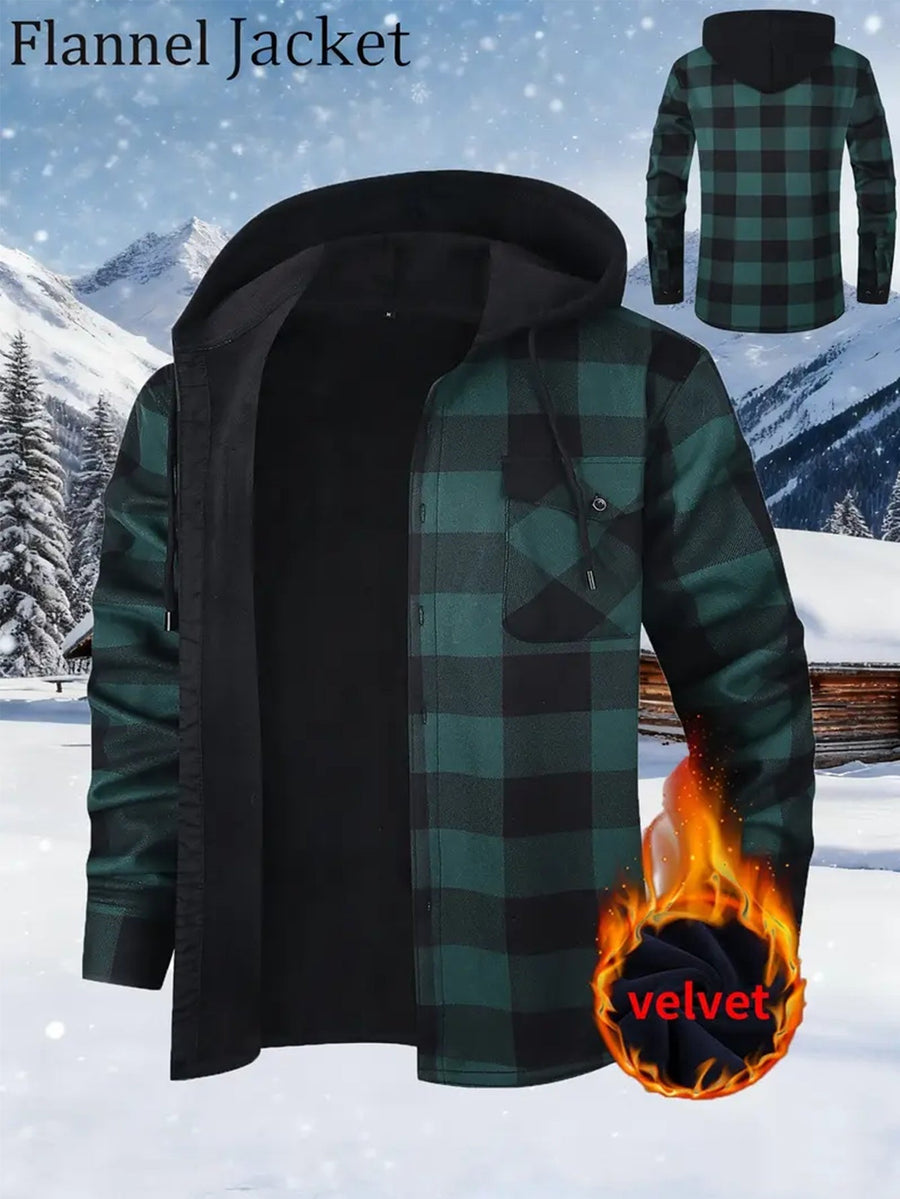 Herren Kariertes Flanell Hemd Jacke mit Kapuze und warmer Fütterung