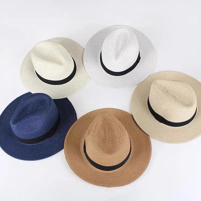 Unisex Sommer Strohhut mit breiter Krempe und schwarzem Band