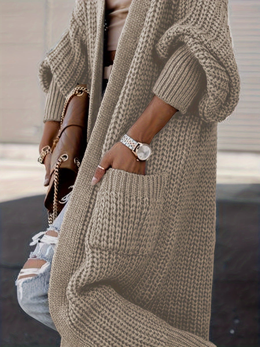 Damen Grobstrick Cardigan Lang Offen Strickjacke mit Taschen