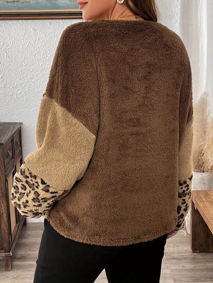 Damen Flauschpullover Leopardenmuster Patchwork Rundhalsausschnitt