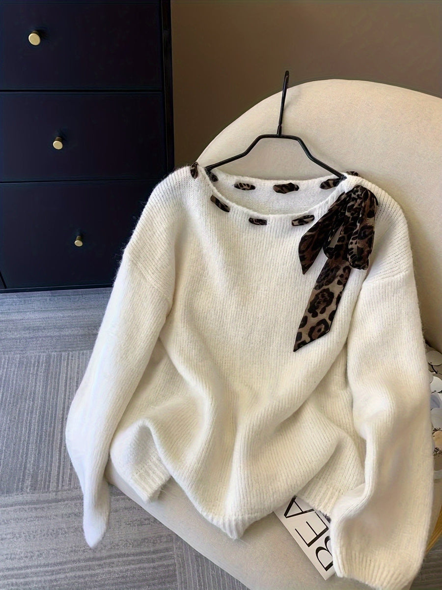 Damen Pullover mit Leopardenmuster Schal Ausschnitt Langarm Strickpullover